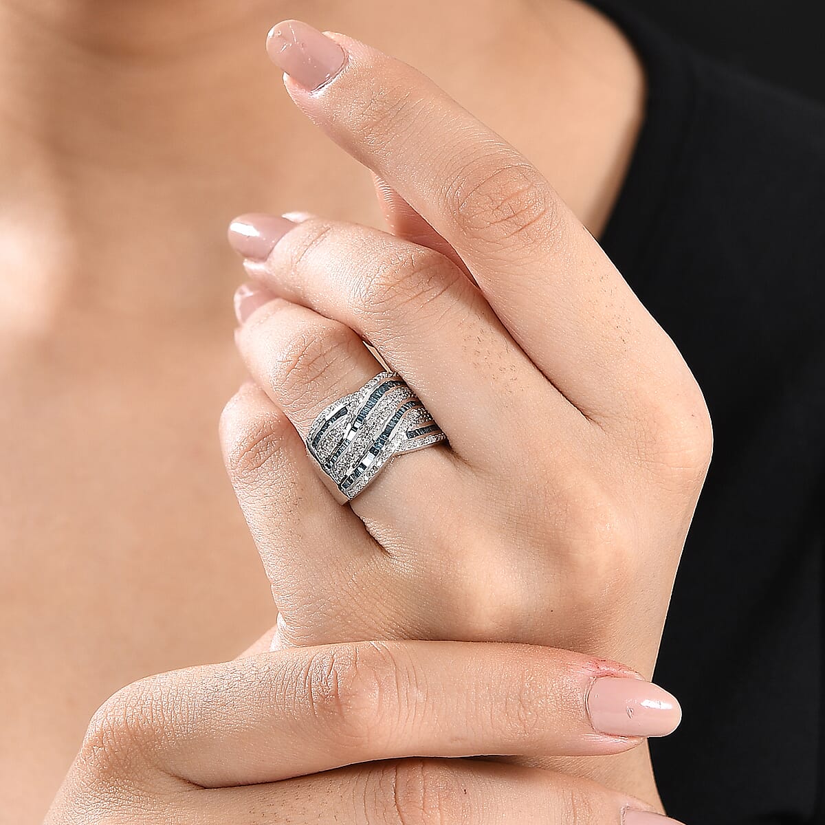 Blue and White Diamond 1.00 ctw Bridge Over Ring in Rhodium Over Sterling Silver (Size 5.0) image number 2