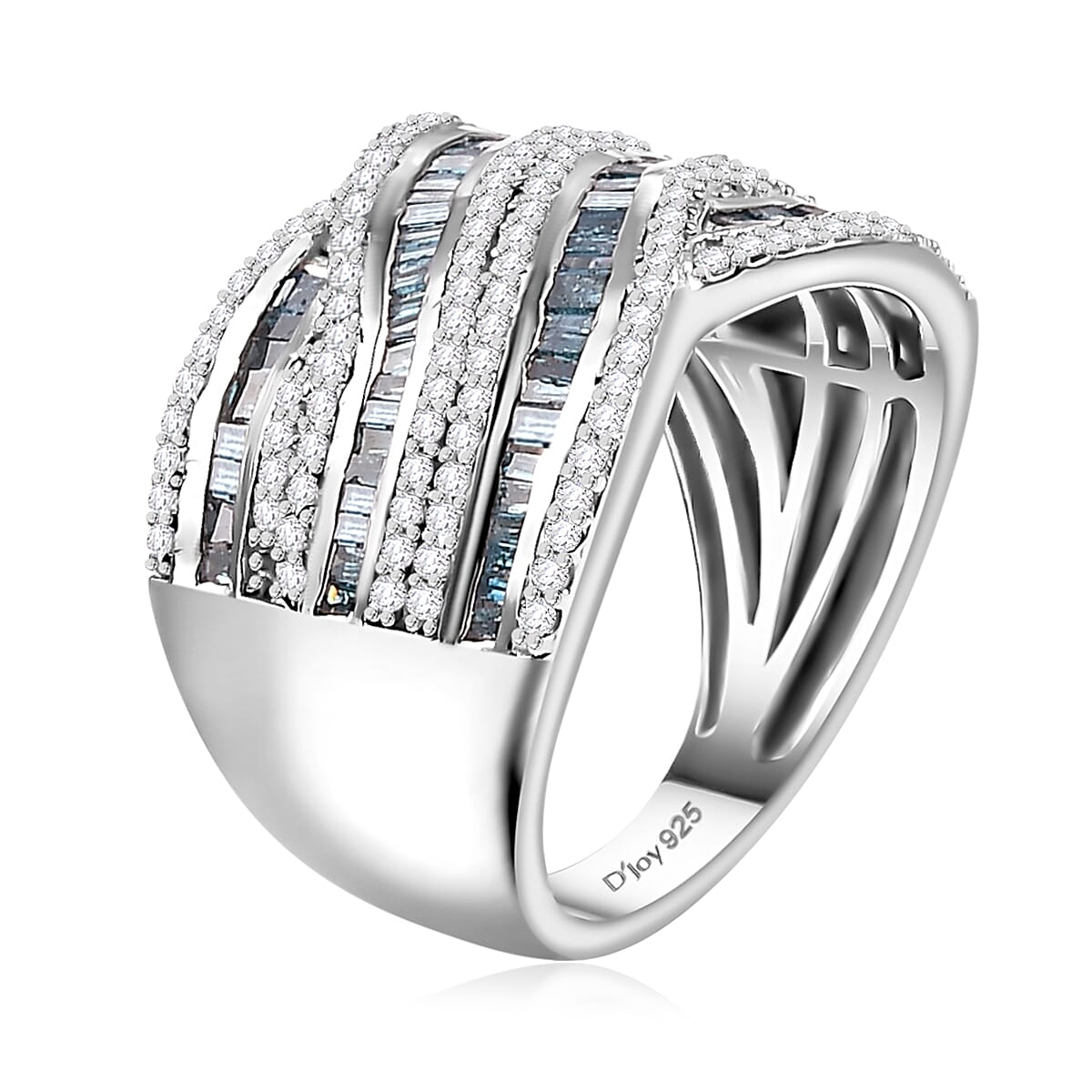 Blue and White Diamond 1.00 ctw Bridge Over Ring in Rhodium Over Sterling Silver (Size 5.0) image number 3