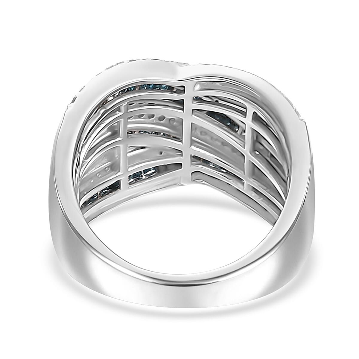 Blue and White Diamond 1.00 ctw Bridge Over Ring in Rhodium Over Sterling Silver (Size 5.0) image number 4