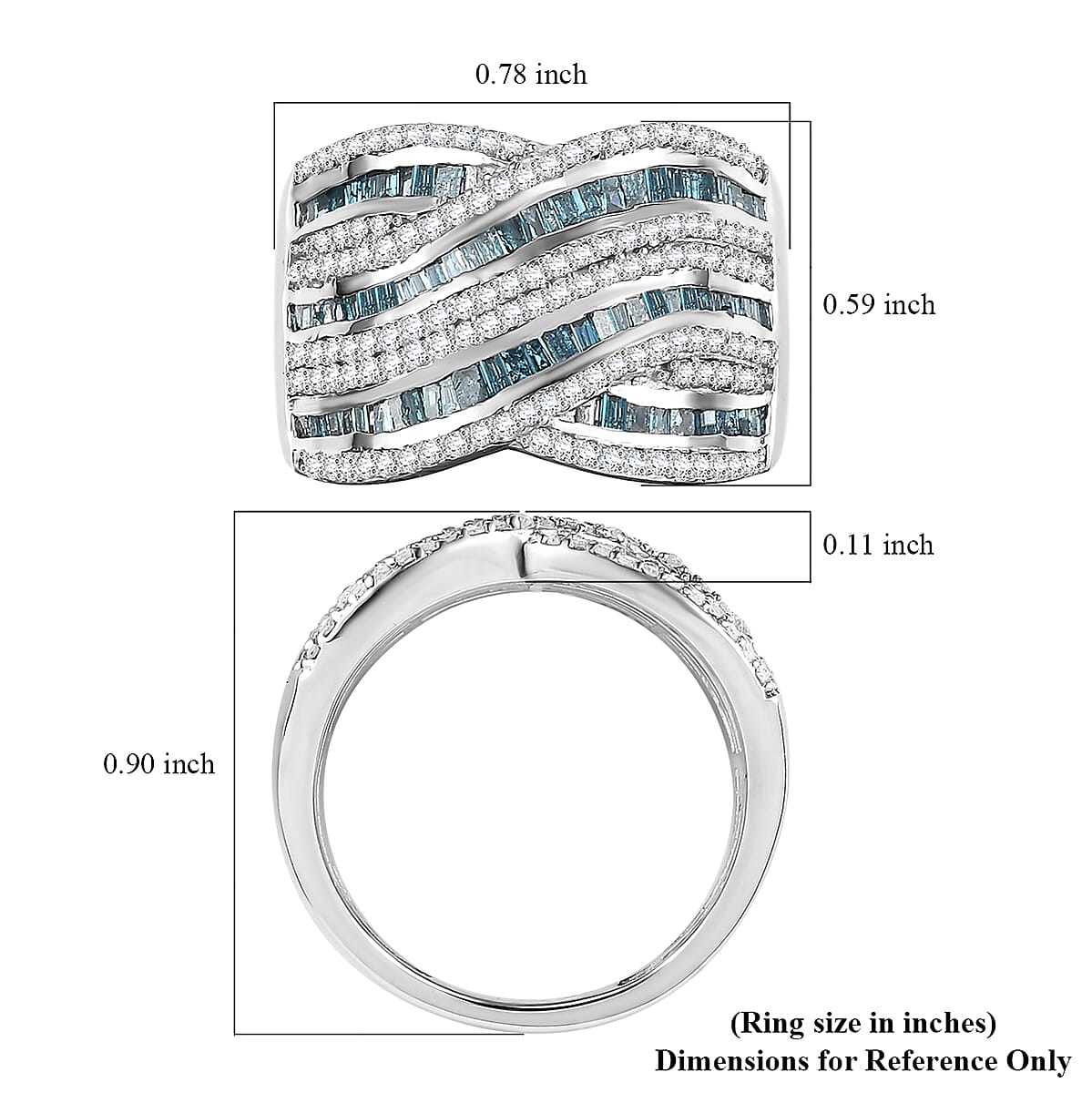 Blue and White Diamond 1.00 ctw Bridge Over Ring in Rhodium Over Sterling Silver (Size 5.0) image number 5