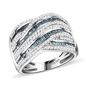 Blue and White Diamond 1.00 ctw Bridge Over Ring in Rhodium Over Sterling Silver (Size 6.0)