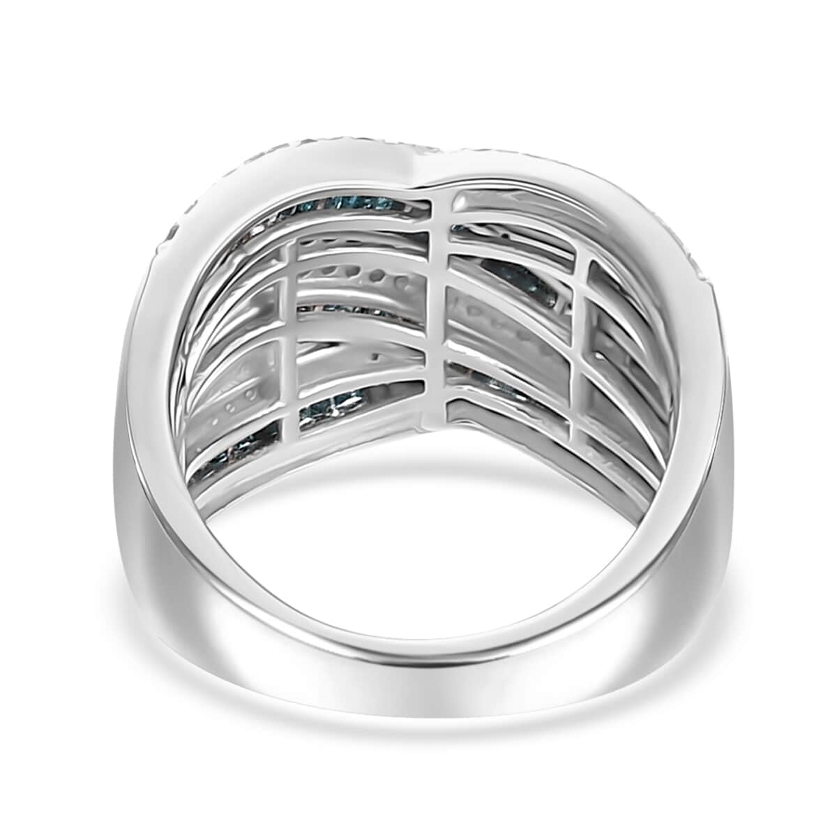 Blue and White Diamond 1.00 ctw Bridge Over Ring in Rhodium Over Sterling Silver (Size 6.0) image number 4