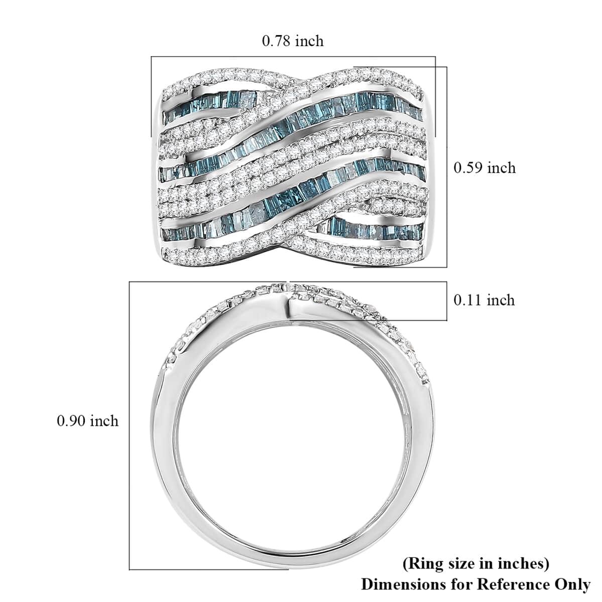 Blue and White Diamond 1.00 ctw Bridge Over Ring in Rhodium Over Sterling Silver (Size 6.0) image number 5