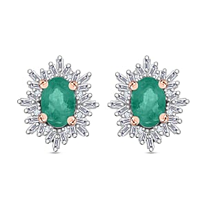 Kagem Zambian Emerald and Diamond 1.15 ctw Stud Earrings in 18K Vermeil Rose Gold Over Sterling Silver
