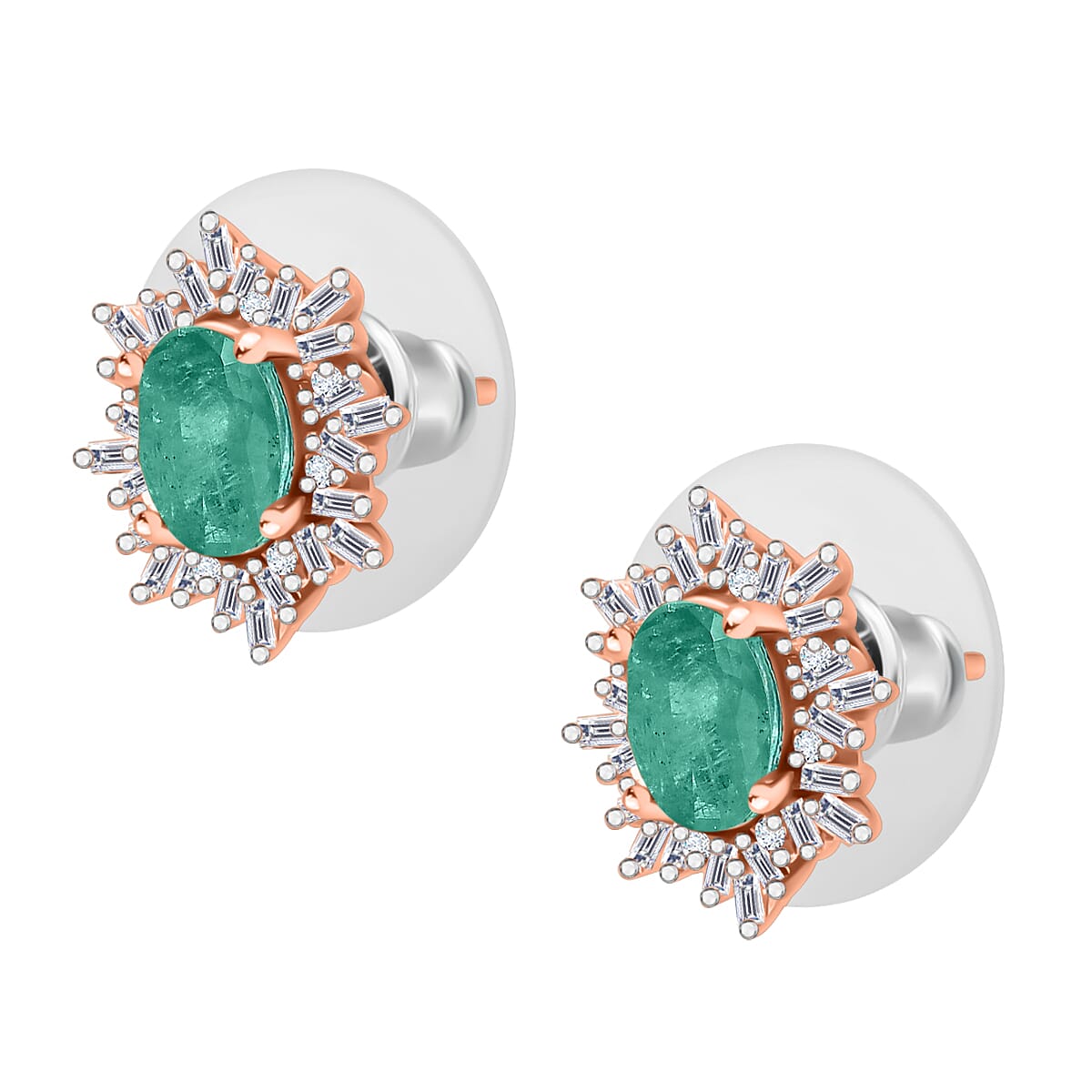 Luxoro Premium Kagem Zambian Emerald and G-H I1 Diamond 1.15 ctw Stud Earrings in 14K Rose Gold (Del. in 10-12 Days) image number 2