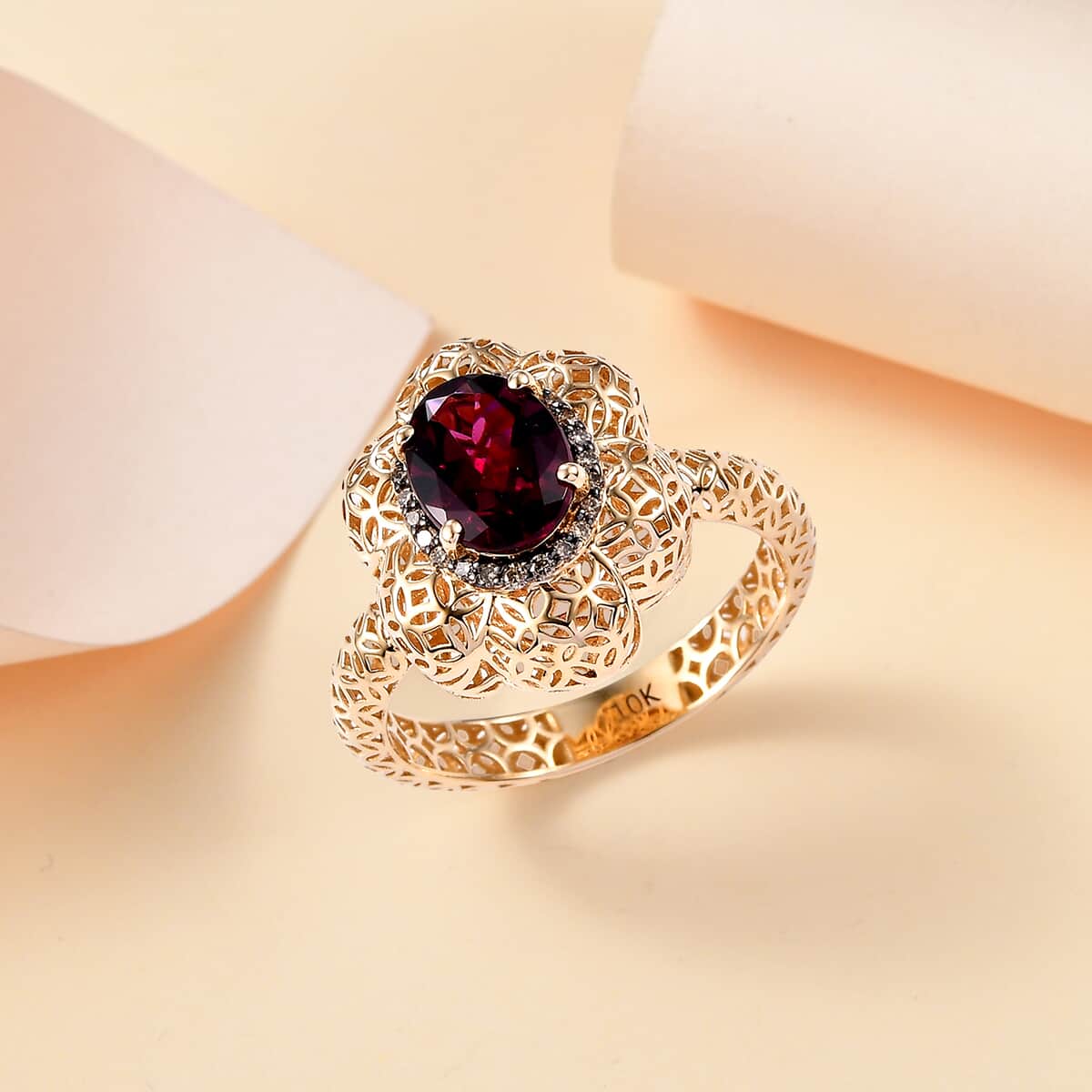 Mirage Collection AAA Radiant Ember Garnet and Natural Champagne Diamond 1.50 ctw Vintage Floral Filigree Ring in 10K Yellow Gold (Size 10.0) image number 1