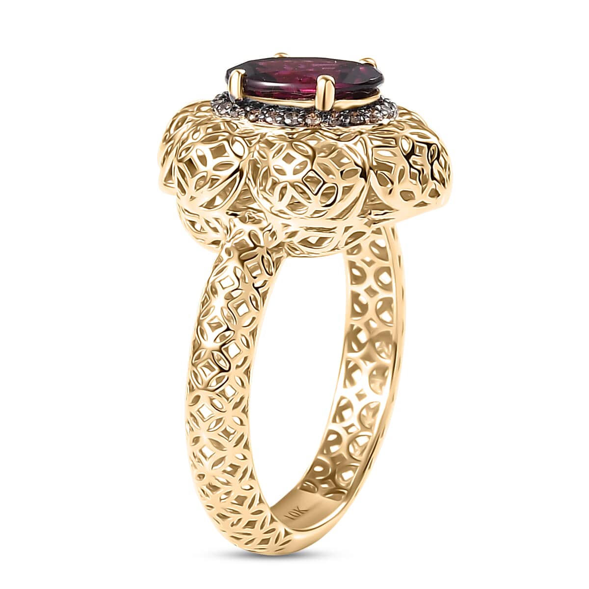 Mirage Collection AAA Radiant Ember Garnet and Natural Champagne Diamond 1.50 ctw Vintage Floral Filigree Ring in 10K Yellow Gold (Size 10.0) image number 3