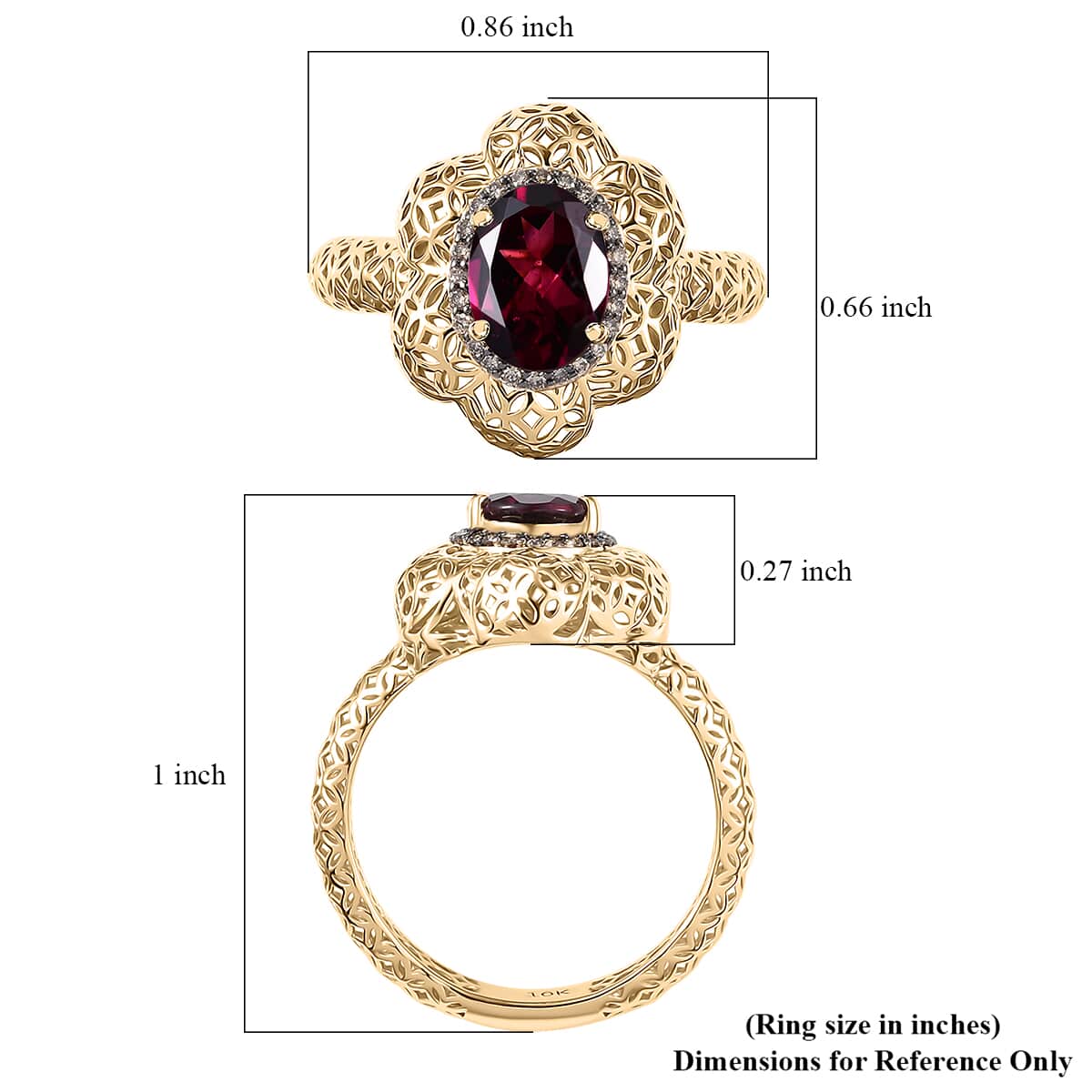 Mirage Collection AAA Radiant Ember Garnet and Natural Champagne Diamond 1.50 ctw Vintage Floral Filigree Ring in 10K Yellow Gold (Size 10.0) image number 5