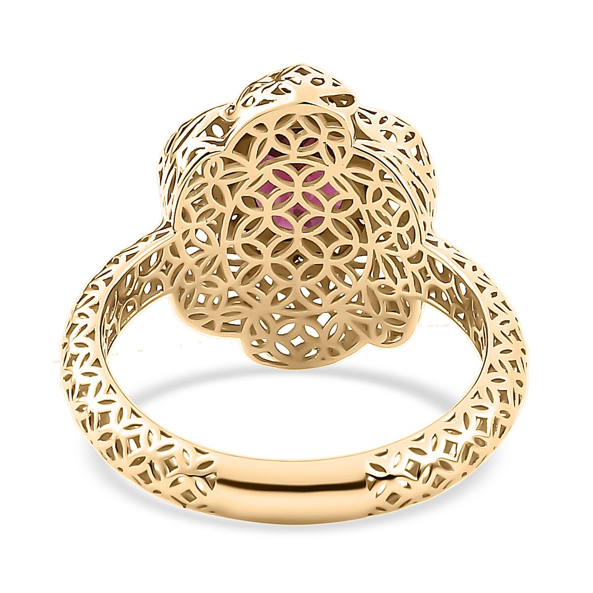 Mirage Collection AAA Radiant Ember Garnet and Natural Champagne Diamond 1.50 ctw Vintage Floral Filigree Ring in 10K Yellow Gold (Size 8.0) image number 4