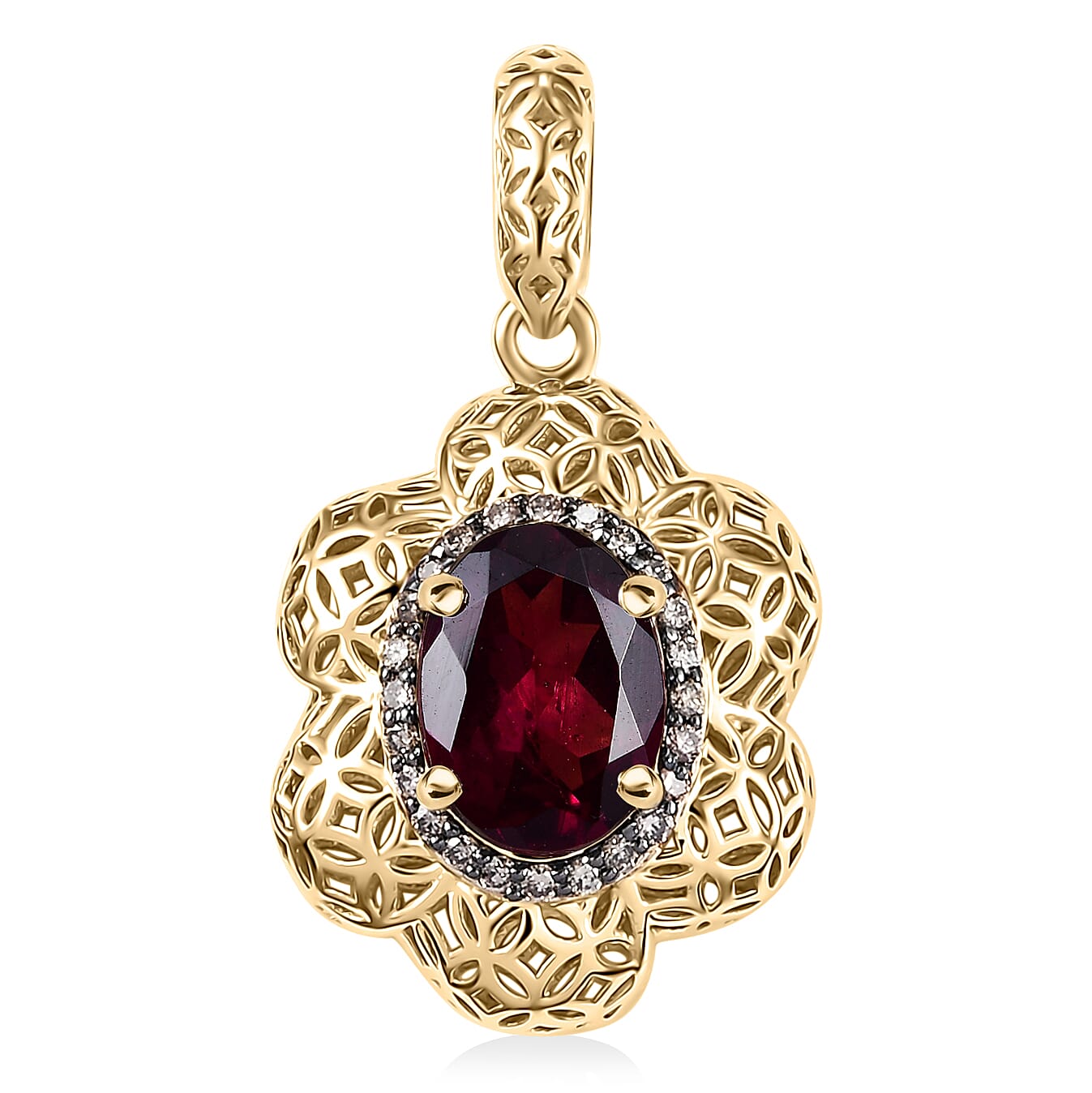 Mirage Collection Luxoro AAA Radiant Ember Garnet and Natural Champagne Diamond 1.50 ctw Vintage Floral Filigree Pendant without Chain in 10K Yellow Gold