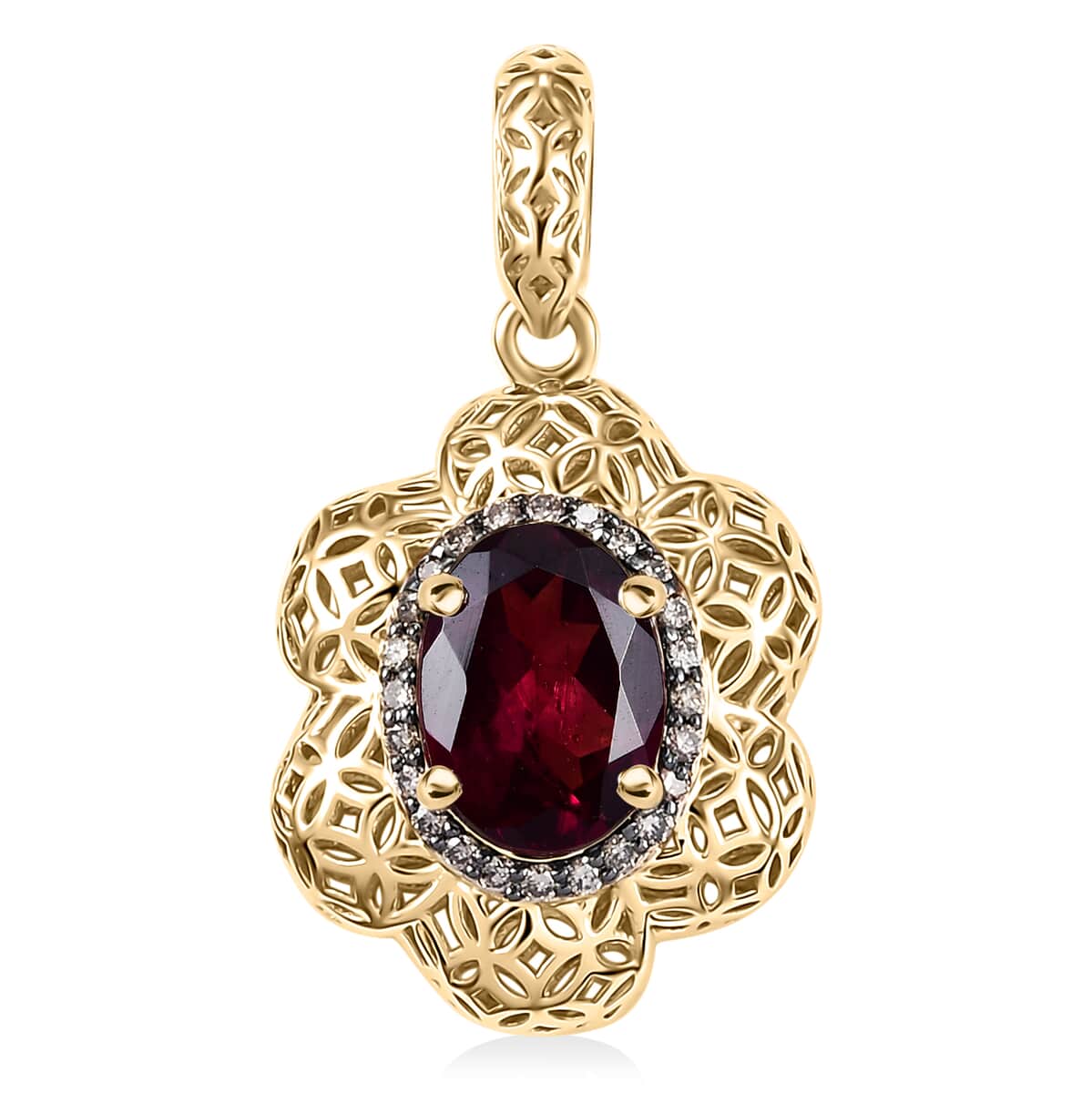 Mirage Collection Luxoro AAA Radiant Ember Garnet and Natural Champagne Diamond 1.50 ctw Vintage Floral Filigree Pendant in 10K Yellow Gold image number 0