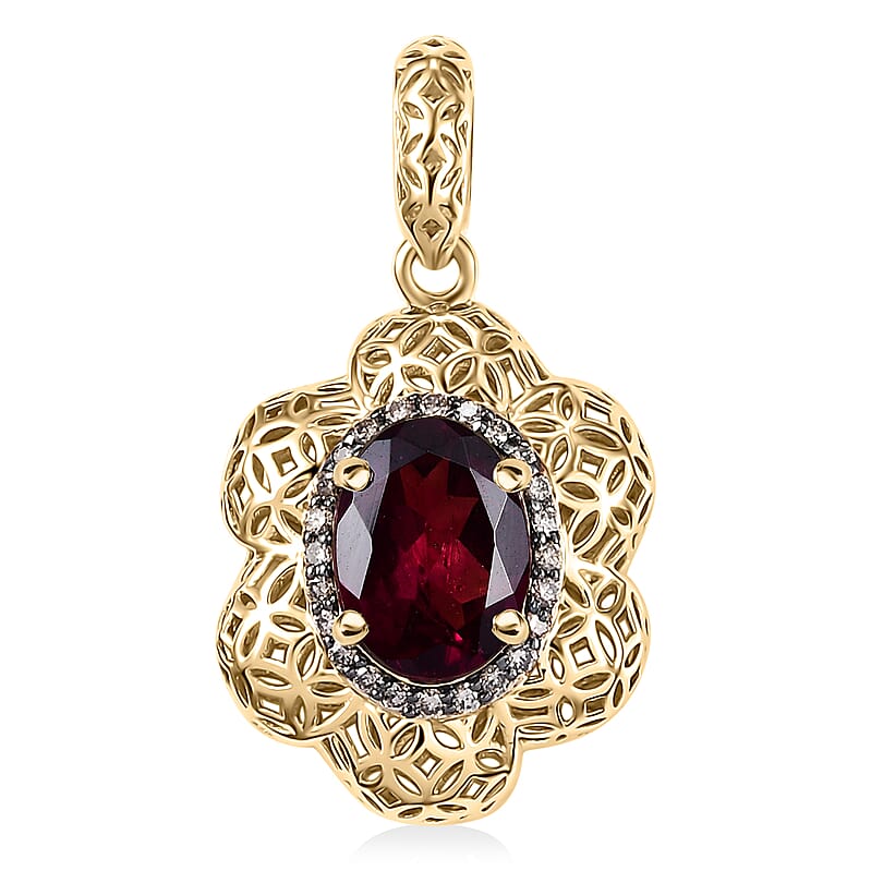 Mirage Collection Luxoro AAA Radiant Ember Garnet and Natural Champagne Diamond 1.50 ctw Vintage Floral Filigree Pendant without Chain in 10K Yellow Gold