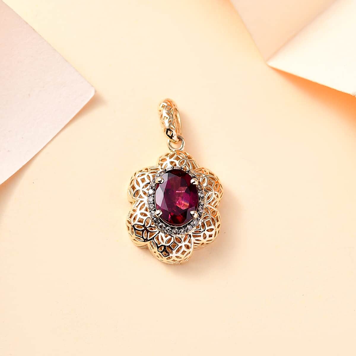 Mirage Collection Luxoro AAA Radiant Ember Garnet and Natural Champagne Diamond 1.50 ctw Vintage Floral Filigree Pendant in 10K Yellow Gold image number 1