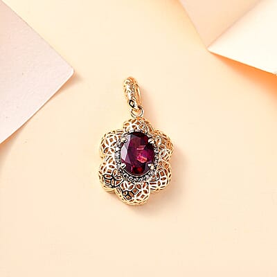 Mirage Collection Luxoro AAA Radiant Ember Garnet and Natural Champagne Diamond 1.50 ctw Vintage Floral Filigree Pendant without Chain in 10K Yellow Gold