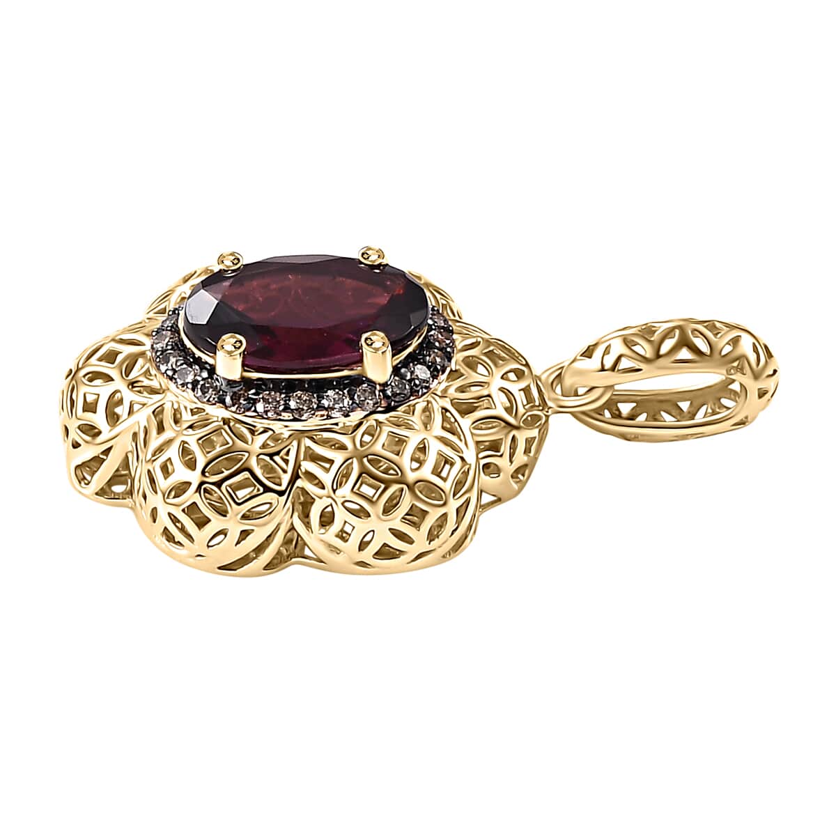 Mirage Collection Luxoro AAA Radiant Ember Garnet and Natural Champagne Diamond 1.50 ctw Vintage Floral Filigree Pendant in 10K Yellow Gold image number 3