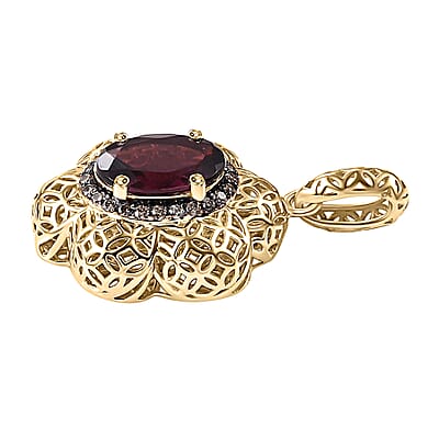 Mirage Collection Luxoro AAA Radiant Ember Garnet and Natural Champagne Diamond 1.50 ctw Vintage Floral Filigree Pendant without Chain in 10K Yellow Gold