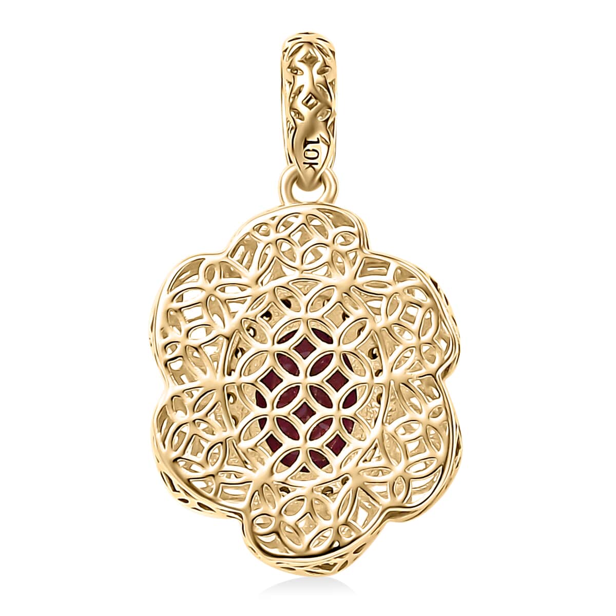 Mirage Collection Luxoro AAA Radiant Ember Garnet and Natural Champagne Diamond 1.50 ctw Vintage Floral Filigree Pendant in 10K Yellow Gold image number 4