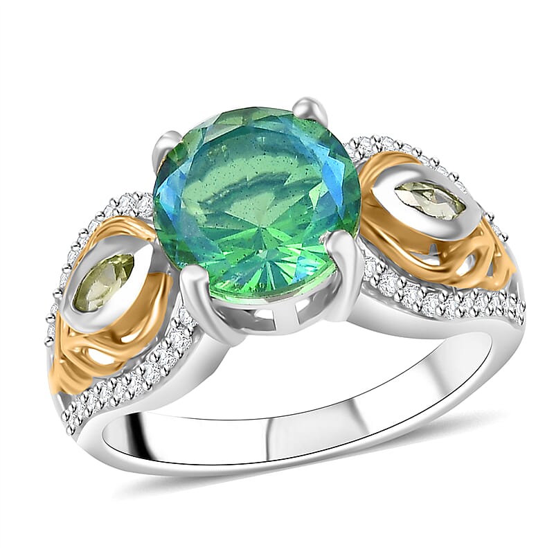 D'Joy Peacock Quartz (Triplet) and Multi Gemstone 2.50 ctw Peacock Feather Ring in 18K Vermeil YG and Rhodium Over Sterling Silver (Size 10.0)