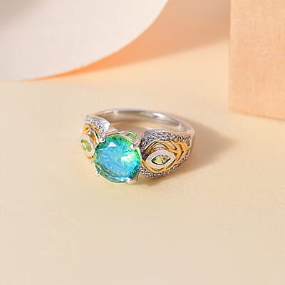 D'Joy Peacock Quartz (Triplet) and Multi Gemstone 2.50 ctw Peacock Feather Ring in 18K Vermeil YG and Rhodium Over Sterling Silver (Size 10.0)