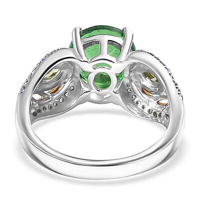 D'Joy Peacock Quartz (Triplet) and Multi Gemstone 2.50 ctw Peacock Feather Ring in 18K Vermeil YG and Rhodium Over Sterling Silver (Size 10.0)