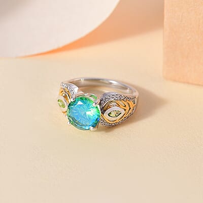 Peacock Quartz (Triplet) and Multi Gemstone 2.50 ctw Peacock Feather Ring in 18K Vermeil YG and Rhodium Over Sterling Silver (Size 11.0)