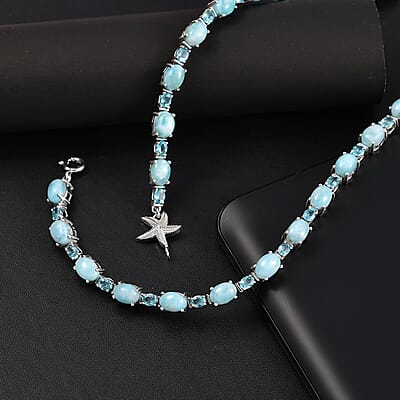 D'Joy Larimar and Betroka Blue Apatite 16.25 ctw Starfish Bracelet in Rhodium Over Sterling Silver (7.25 In)