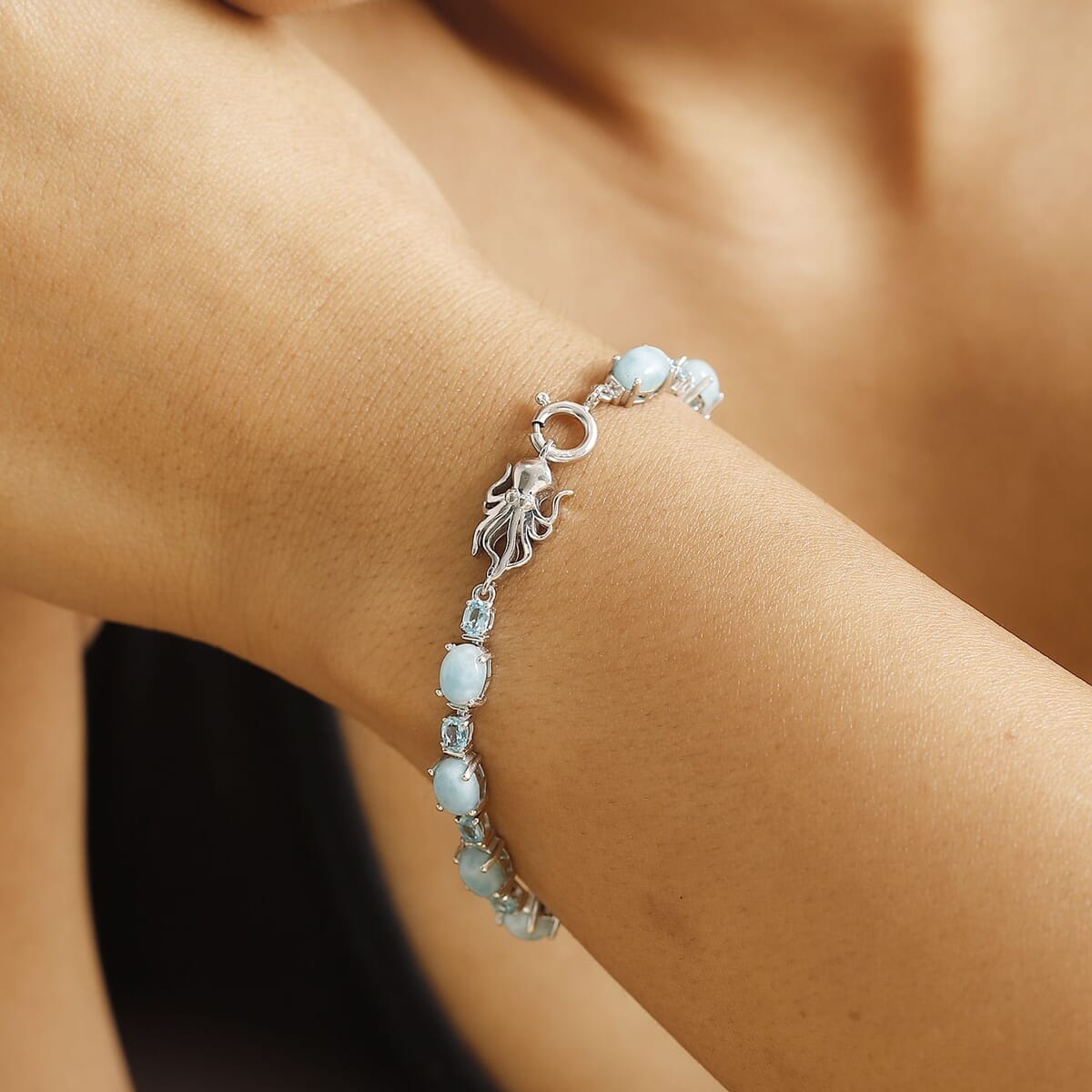 Larimar and Betroka Blue Apatite 13.35 ctw Octopus Bracelet in Rhodium Over Sterling Silver (6.50 In) image number 2