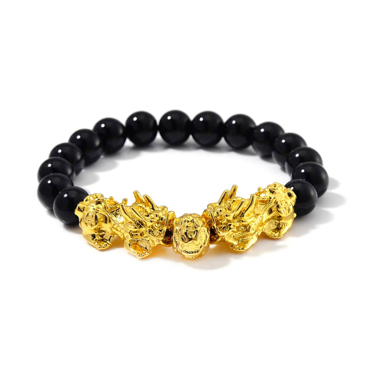 Black Obsidian 9-11mm Beaded Pixiu Bracelet in Goldtone 150.00 ctw image number 0