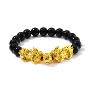 Black Obsidian 9-11mm Beaded Pixiu Bracelet in Goldtone 150.00 ctw