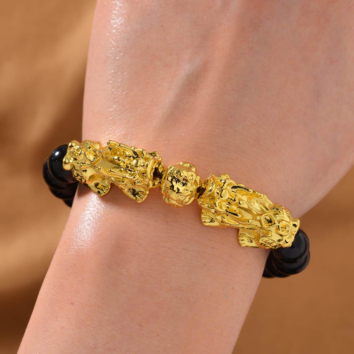 Black Obsidian 9-11mm Beaded Pixiu Bracelet in Goldtone 150.00 ctw image number 1