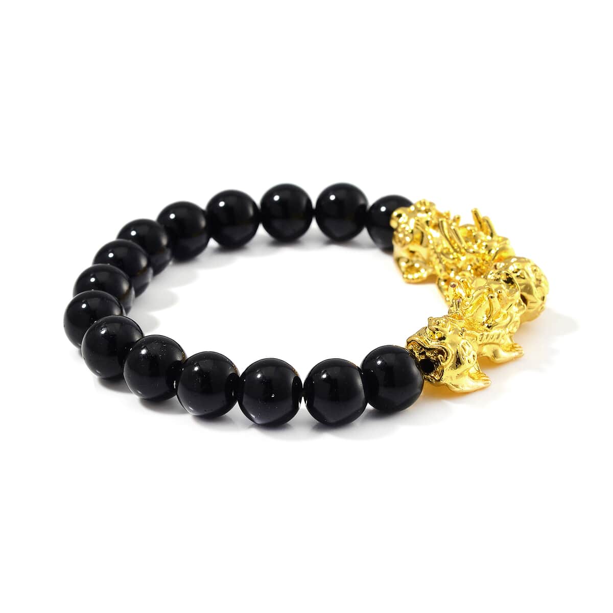 Black Obsidian 9-11mm Beaded Pixiu Bracelet in Goldtone 150.00 ctw image number 2