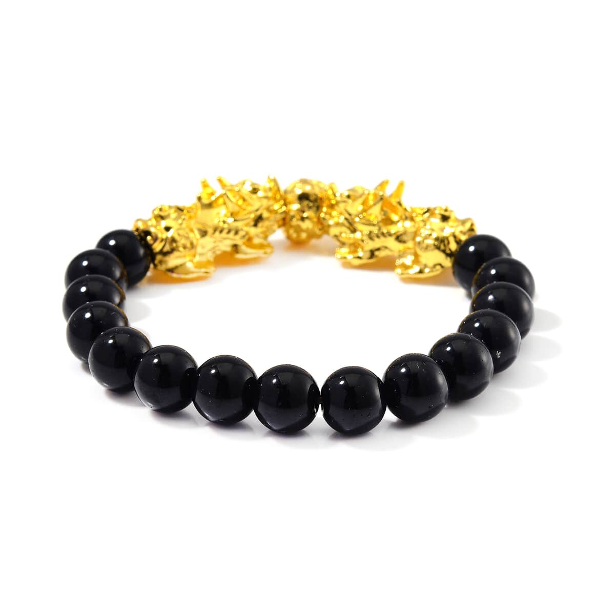 Black Obsidian 9-11mm Beaded Pixiu Bracelet in Goldtone 150.00 ctw image number 3