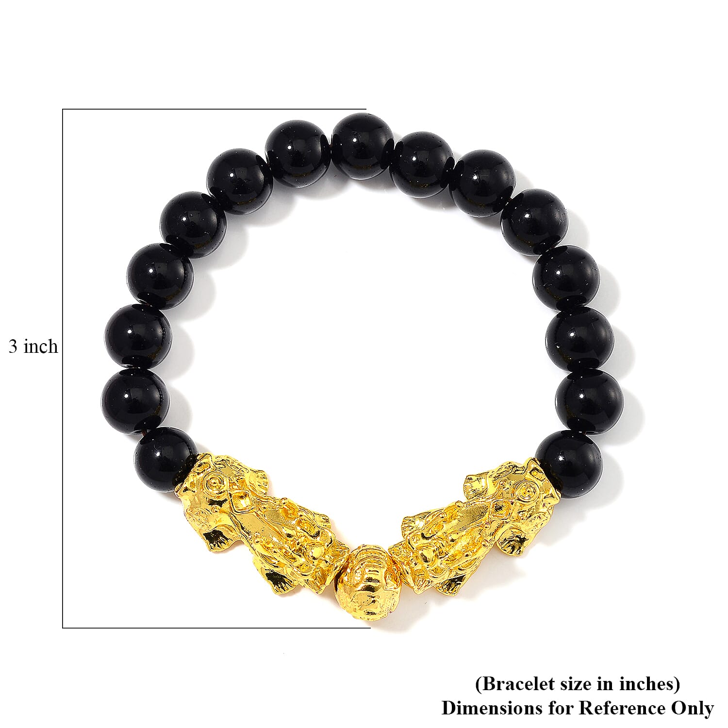 Black Obsidian 9-11mm Beaded Pixiu Bracelet in Goldtone 150.00 ctw