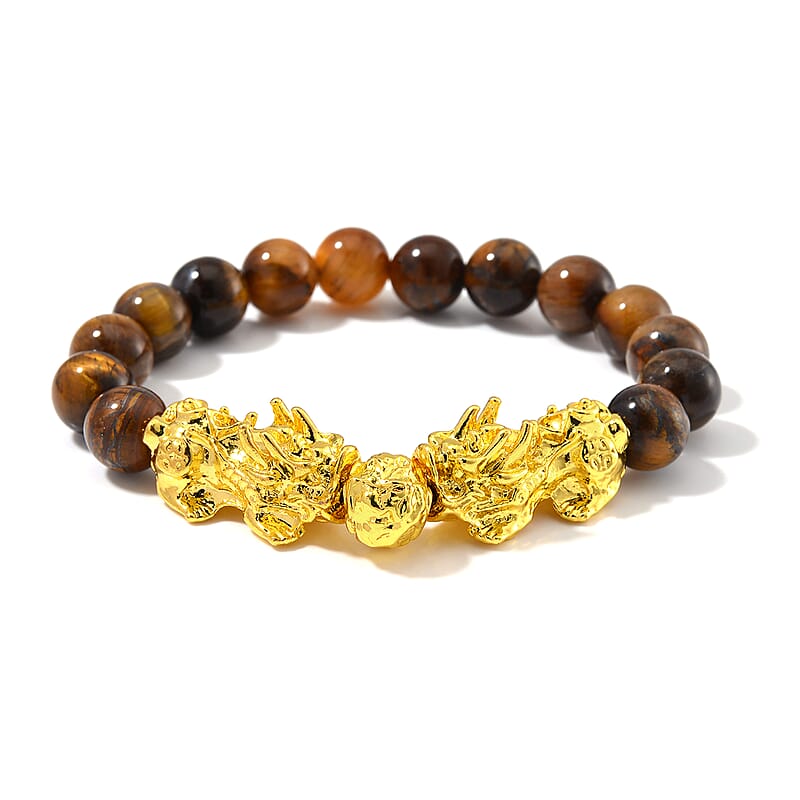 Yellow Tigers Eye 9-11mm Beaded Pixiu Bracelet in Goldtone 150.00 ctw