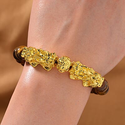 Yellow Tigers Eye 9-11mm Beaded Pixiu Bracelet in Goldtone 150.00 ctw