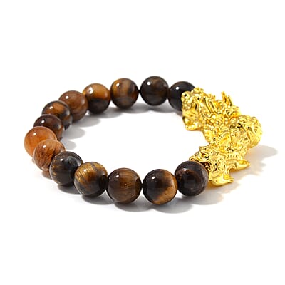 Yellow Tigers Eye 9-11mm Beaded Pixiu Bracelet in Goldtone 150.00 ctw