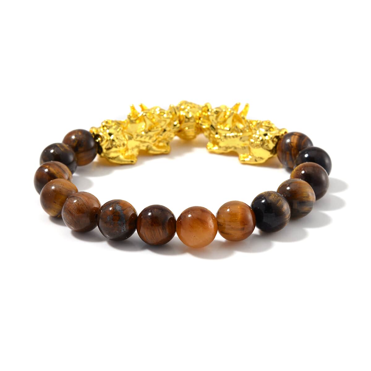 Yellow Tigers Eye 9-11mm Beaded Pixiu Bracelet in Goldtone 150.00 ctw image number 3