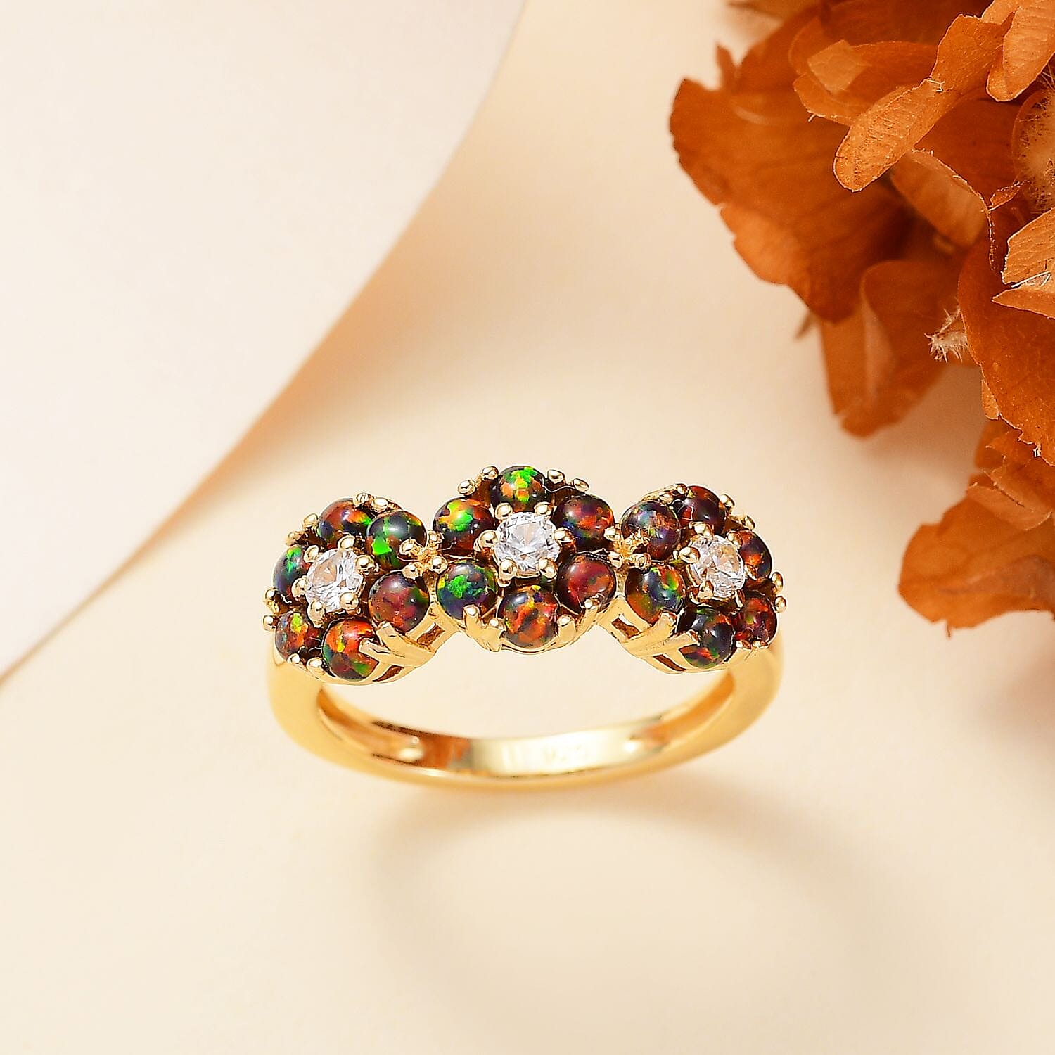 White Zircon and Lab Created Black Opal 0.80 ctw Ring in 14K YG Over Sterling Silver (Size 5.5)