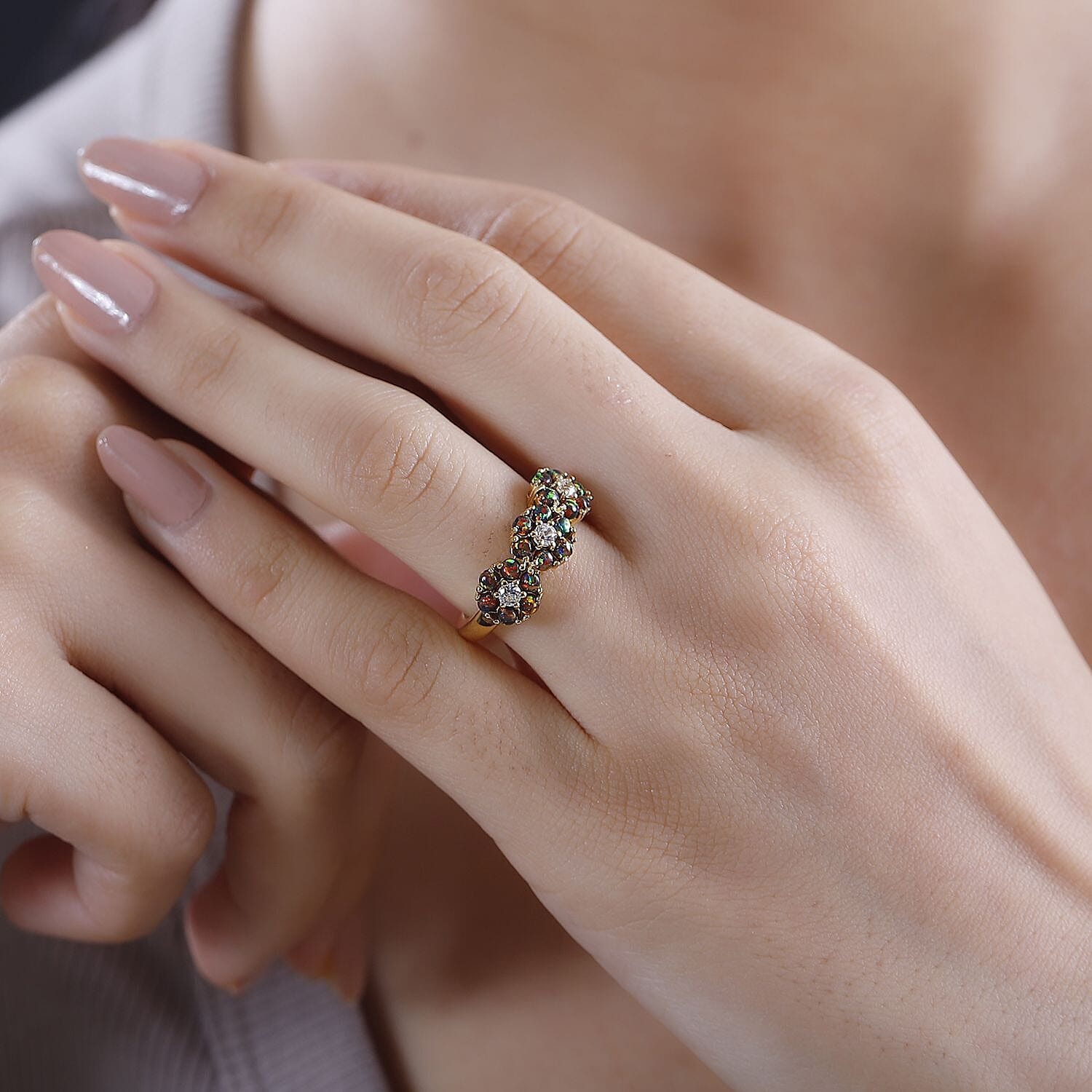 White Zircon and Lab Created Black Opal 0.80 ctw Ring in 14K YG Over Sterling Silver (Size 5.5)