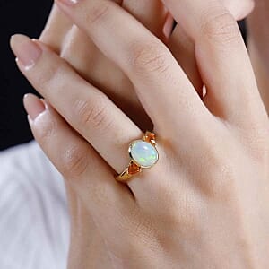 Ethiopian Welo Opal and Jalisco Fire Opal 2.02 ctw Ring in Vermeil Yellow Gold Over Sterling Silver (Size 11.5)