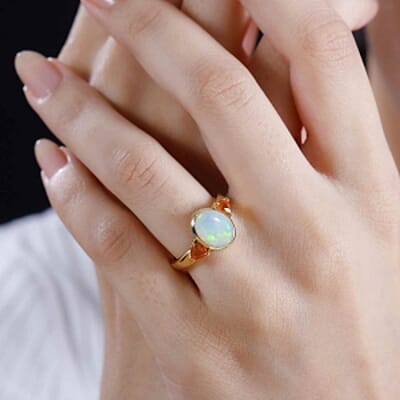 Ethiopian Welo Opal and Jalisco Fire Opal 2.02 ctw Ring in Vermeil Yellow Gold Over Sterling Silver (Size 11.5)