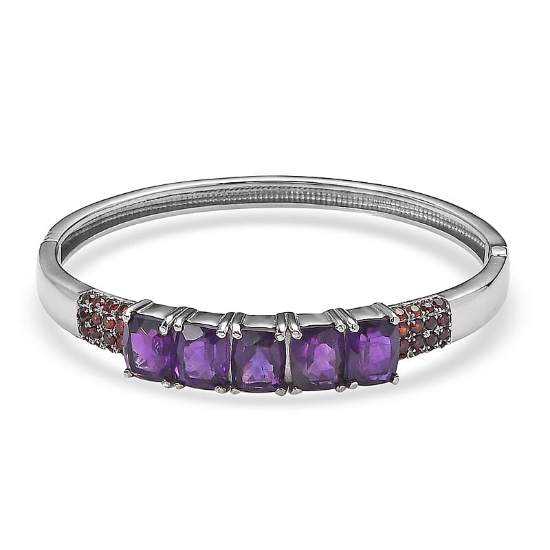 Premium African Amethyst and Mozambique Garnet 12.60 ctw Bangle Bracelet in Stainless Steel (6.50 In)