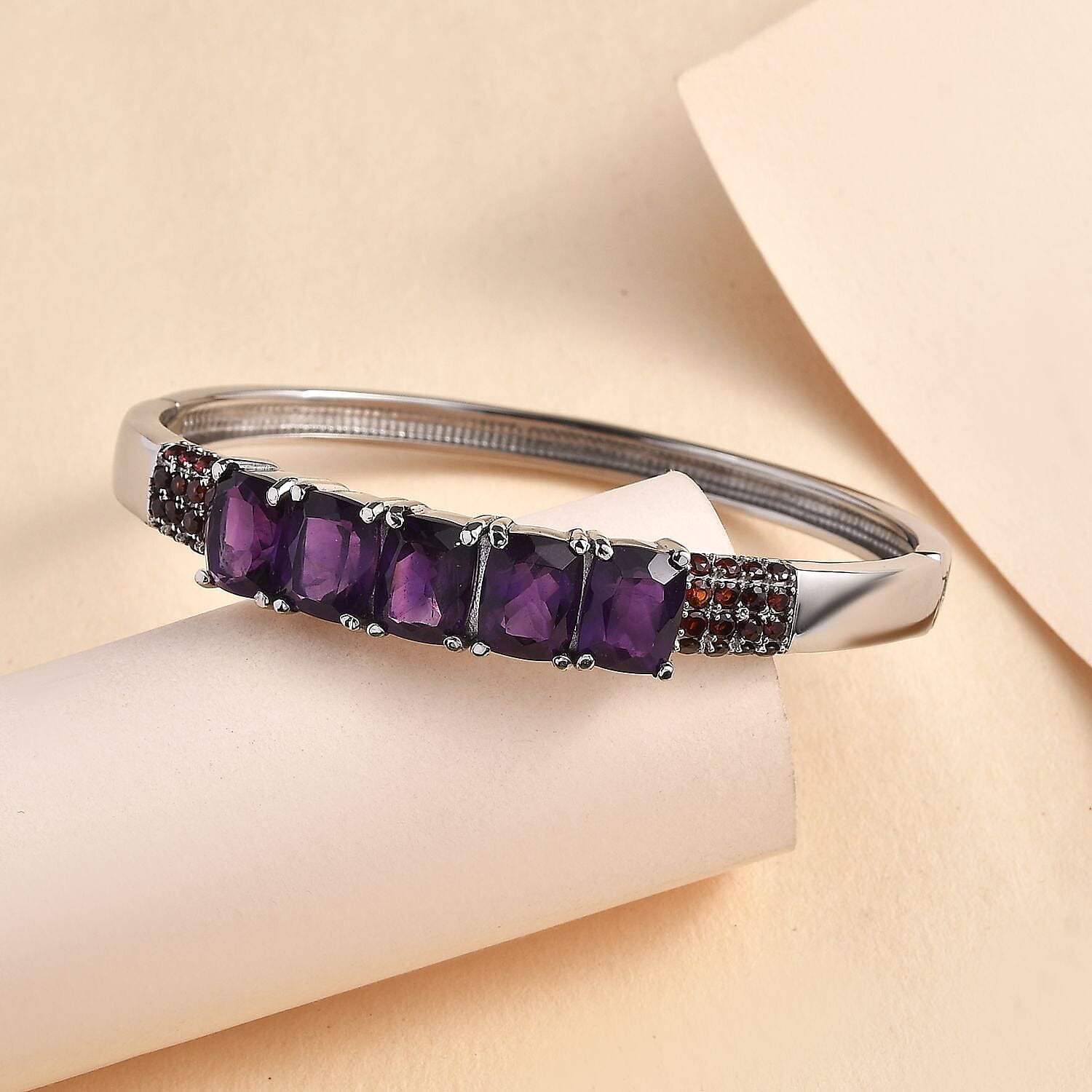 Premium African Amethyst and Mozambique Garnet 12.60 ctw Bangle Bracelet in Stainless Steel (6.50 In)