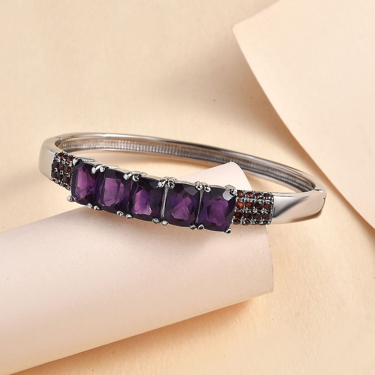 Premium African Amethyst and Mozambique Garnet 12.60 ctw Bangle Bracelet in Stainless Steel (7.25 In) image number 1