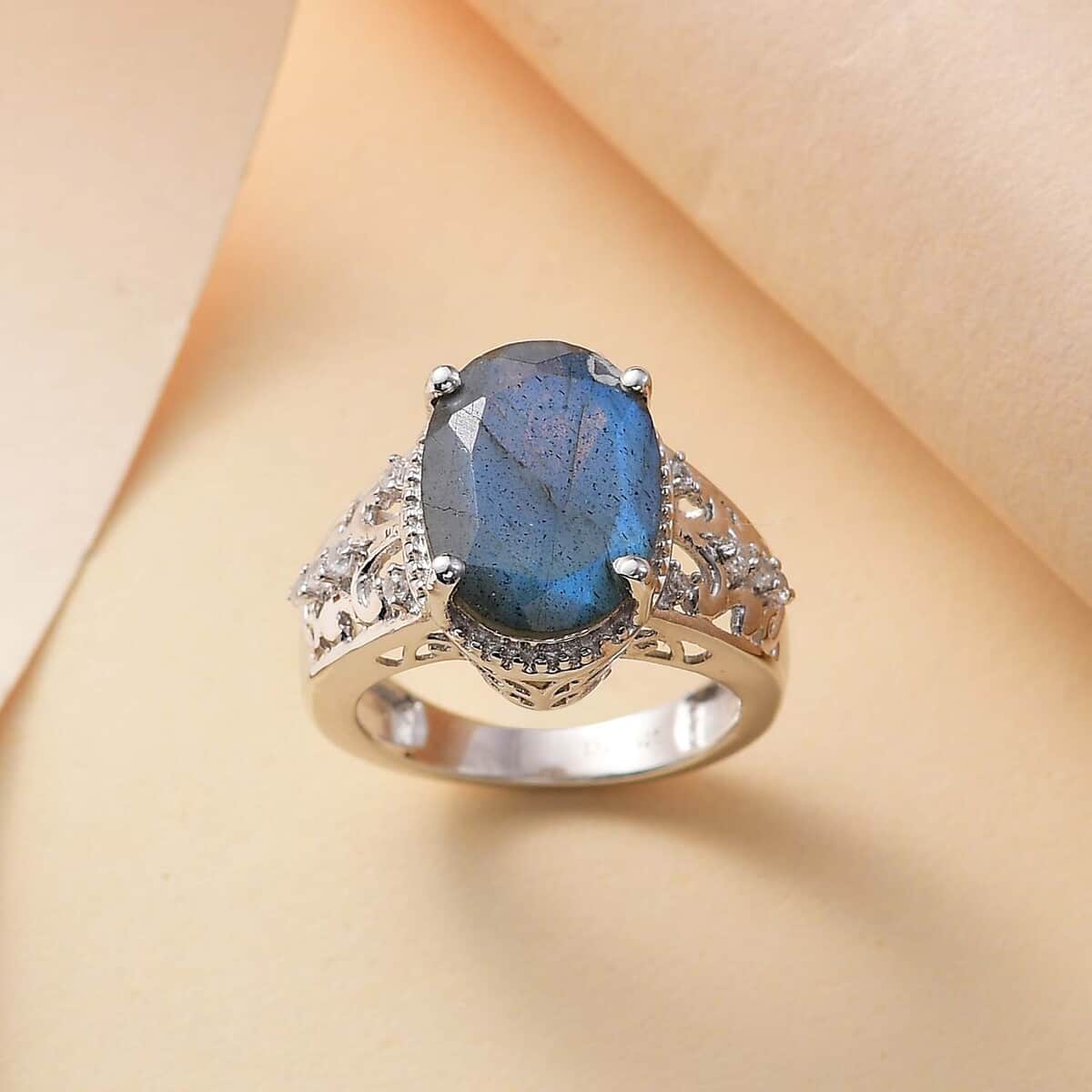 AAA Malagasy Labradorite and White Zircon 5.65 ctw Ring in Rhodium Over Sterling Silver (Size 10.0) image number 1