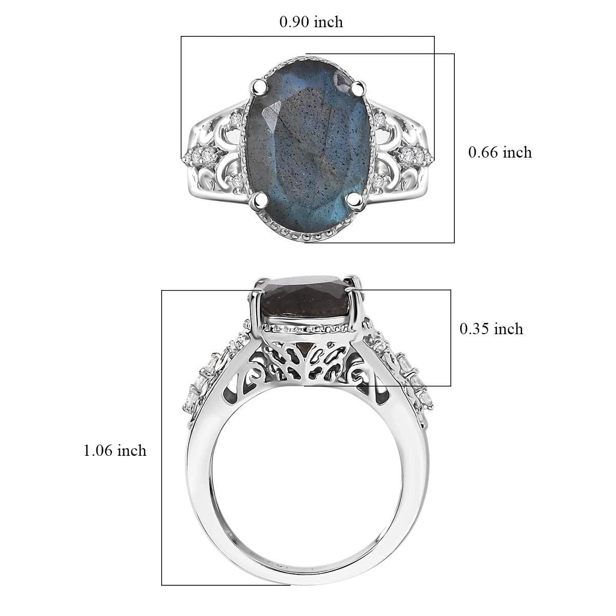 AAA Malagasy Labradorite and White Zircon 5.65 ctw Ring in Rhodium Over Sterling Silver (Size 10.0) image number 5