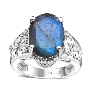 AAA Malagasy Labradorite and White Zircon 5.65 ctw Ring in Rhodium Over Sterling Silver (Size 11.0)