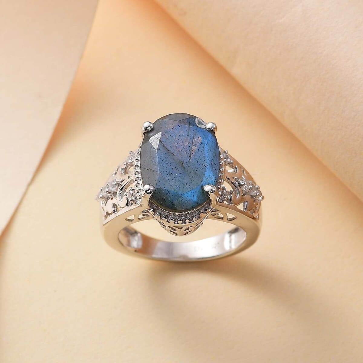 AAA Malagasy Labradorite and White Zircon 5.65 ctw Ring in Rhodium Over Sterling Silver (Size 11.0) image number 1