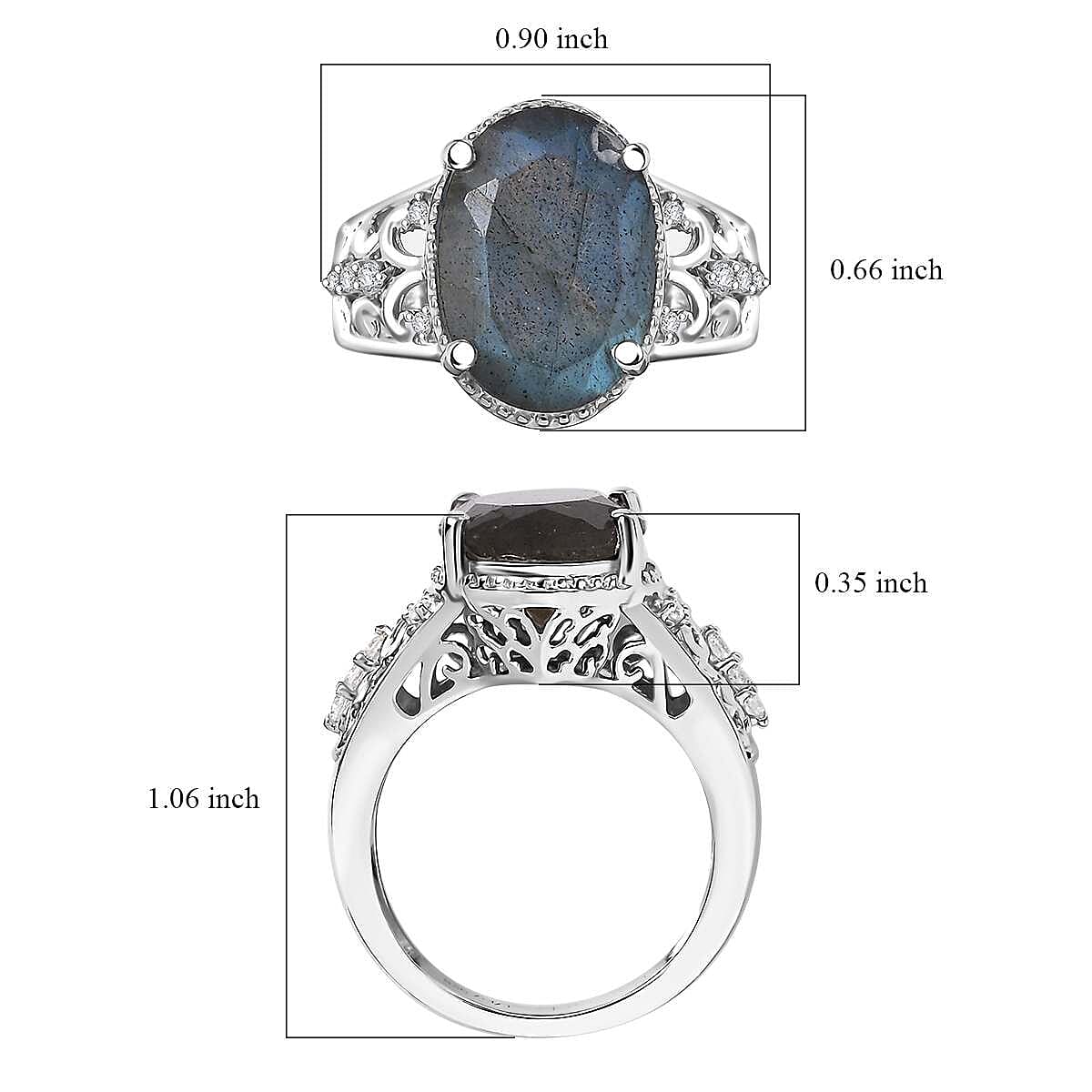 D'Joy AAA Malagasy Labradorite and White Zircon 5.65 ctw Ring in Rhodium Over Sterling Silver (Size 7.0) image number 5