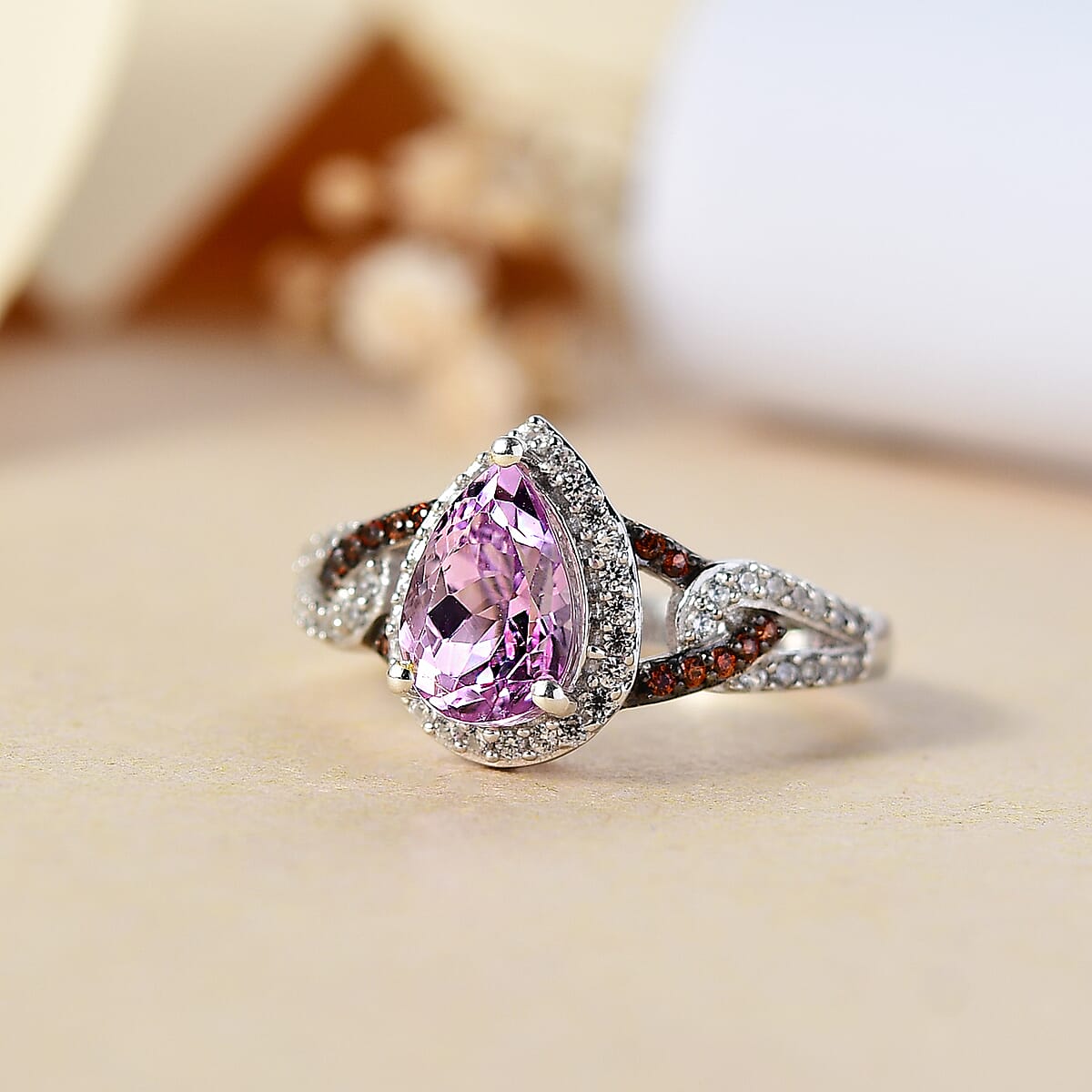 Premium Martha Rocha Kunzite, Brown and White Zircon Ring in Rhodium Over Sterling Silver (Size 10.0) 2.20 ctw image number 1